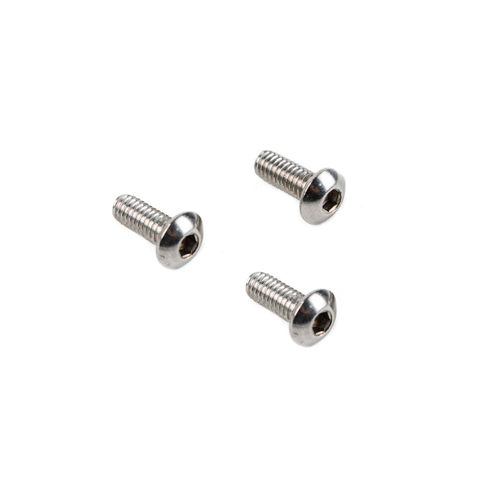 Three metallic screws on a white background