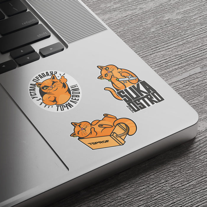 TSPROF "Knife to meet you" branded sticker pack, laptop mockup