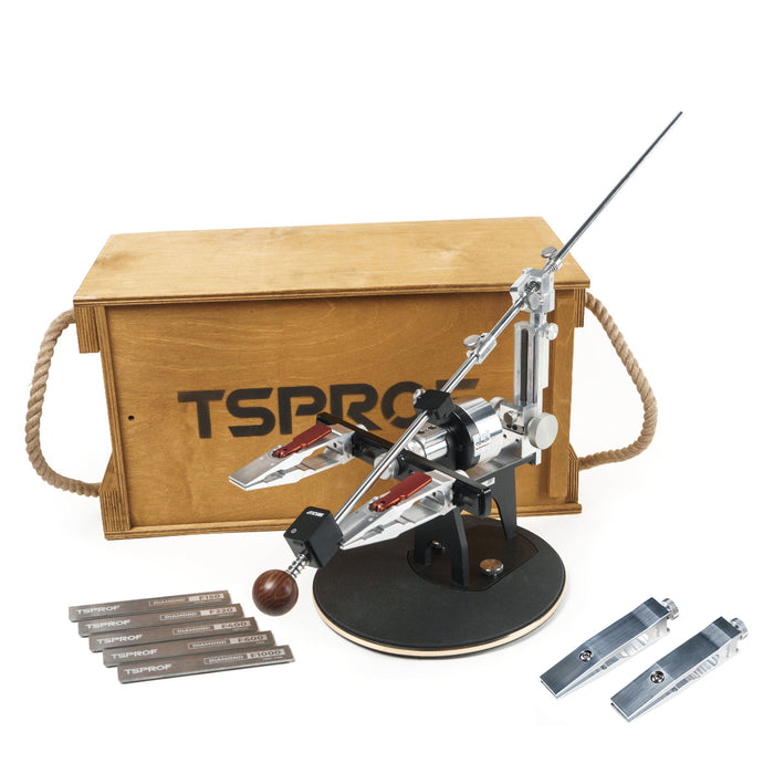 TSPROF Quick Edition sharpening kit with additional clamps and wooden box on a white background