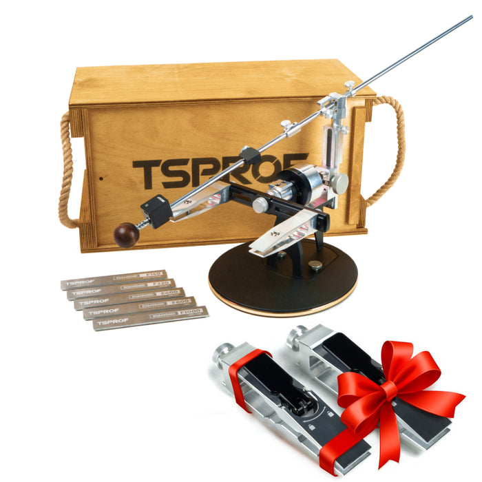 TSPROF K03 Pro AL Hunter sharpening kit with black quick clamps on white background