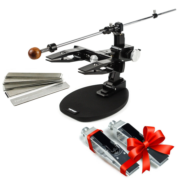 TSPROF Kadet Pro sharpening kit with black quick clamps on white background