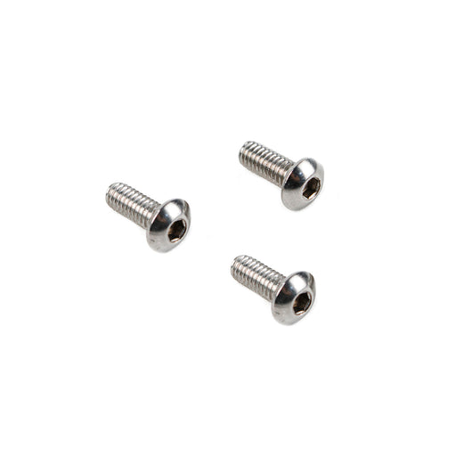 Three metallic screws on a white background