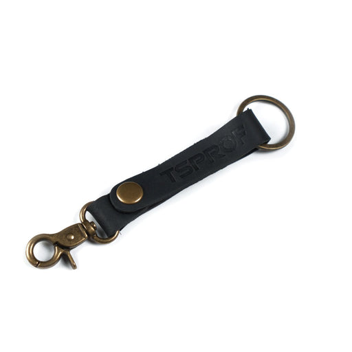 TSPROF Leather Keychain black on white background, close up