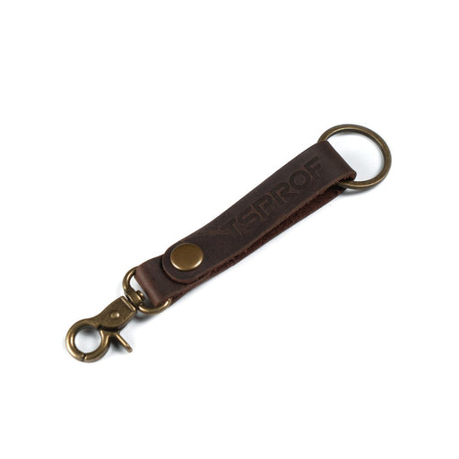 TSPROF Brown Leather Keychain on white background, close up