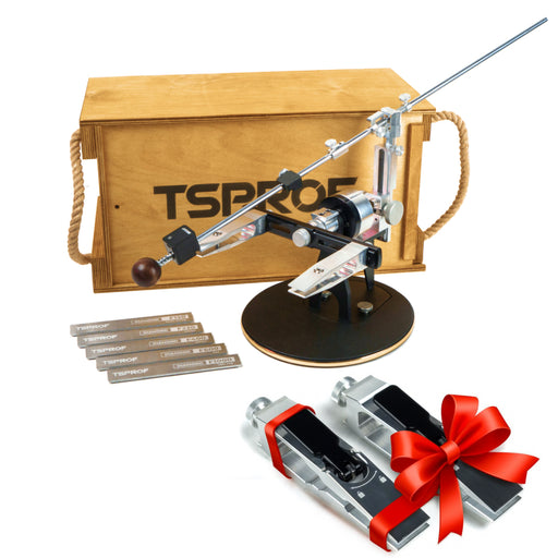 TSPROF K03 Pro AL Hunter sharpening kit with black quick clamps on white background