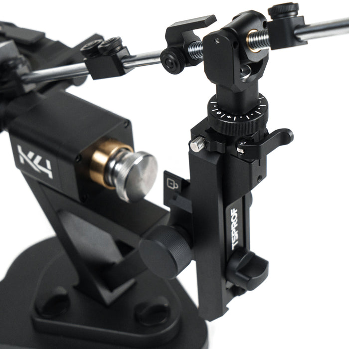 TSPROF K4 2026 knife sharpening system, full black version, close-up of the micro adjustment unit, on white background.