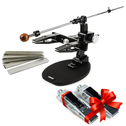 TSPROF Kadet Pro sharpening kit with black quick clamps on white background 