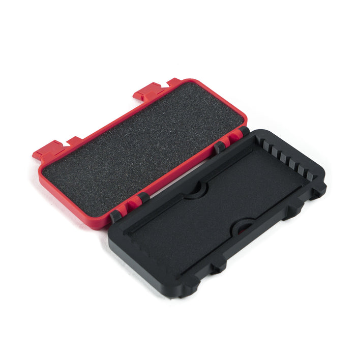 TSPROF plastic case for abrasives, opened, showing special variable depth insert, white background