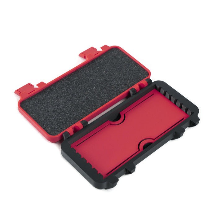 TSPROF plastic case for abrasives, opened, showing special variable depth insert, white background