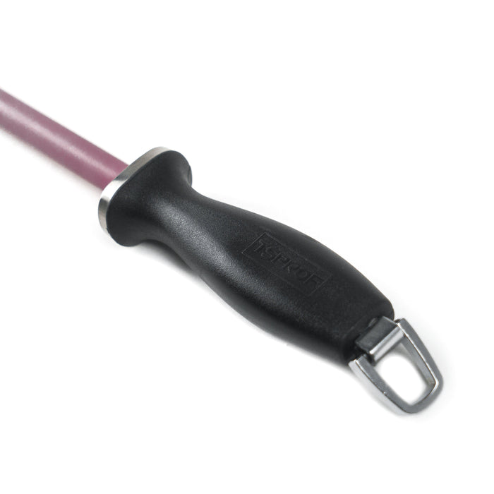 Close-up picture of the TSPROF ruby ceramic honing rod's handle with TSPROF logo on the handle, side view.