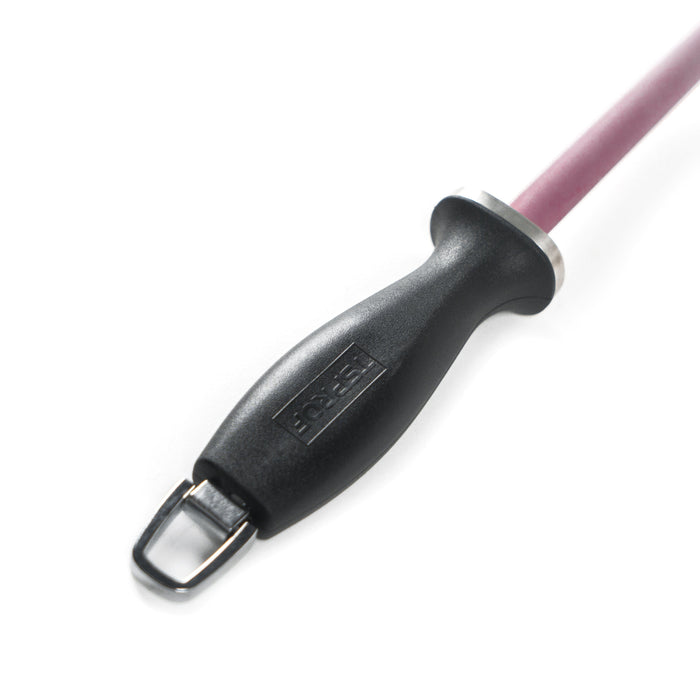 Close up picture of the TSPROF ruby ceramic honing rod's handle with TSPROF logo on the handle.
