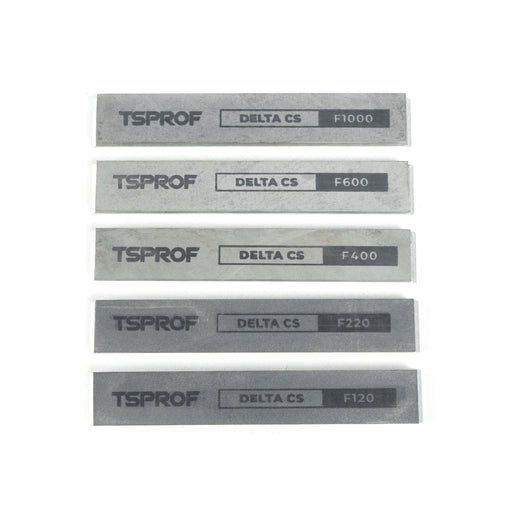 Set of TSPROF Delta CS sharpening stones with different grit sizes on a white background