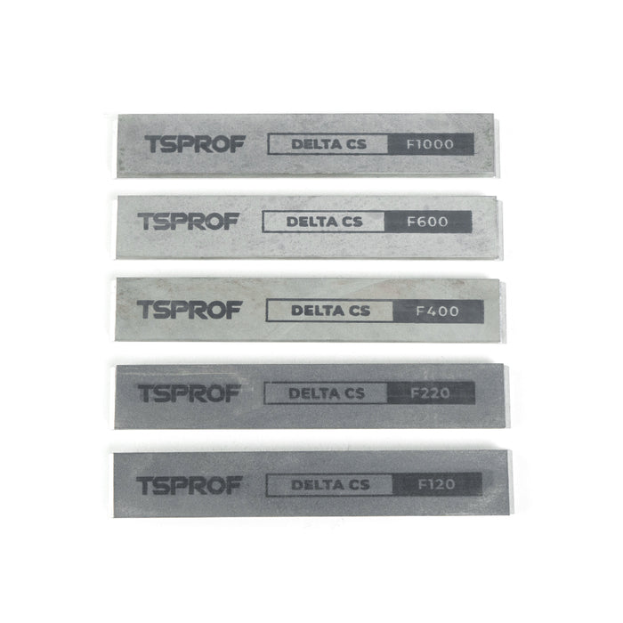Set of TSPROF Delta CS sharpening stones with different grit sizes on a white background