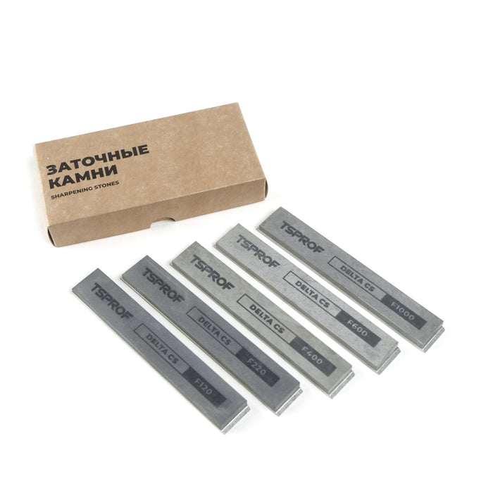 Set of TSPROF Delta sharpening stones with a cardboard box on a white background