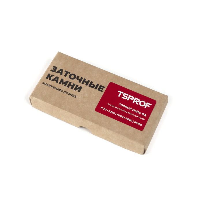 Cardboard packaging of TSPROF Delta OA sharpening stones on a white background