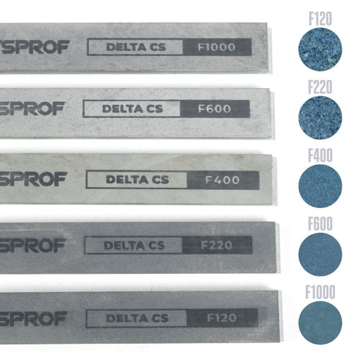 Set of SPROF Delta CS sharpening stones with grit size labels on a white background.