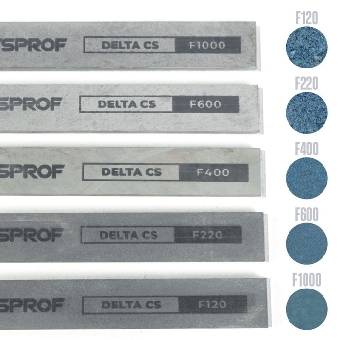 Set of SPROF Delta CS sharpening stones with grit size labels on a white background.